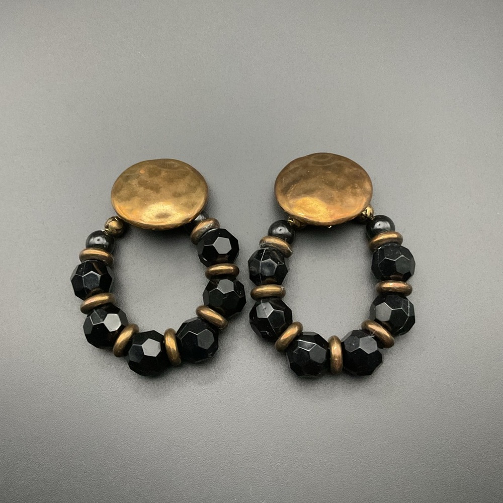 Vintage Gold Tone and Black Beaded Clip On Earrings Adjustable